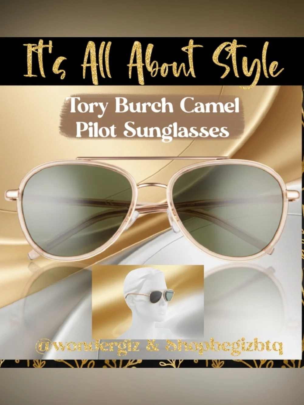 NWT Authentic Tory Burch Eleanor Pilot Sunglasses Transparent Camel 57mm (Gold)